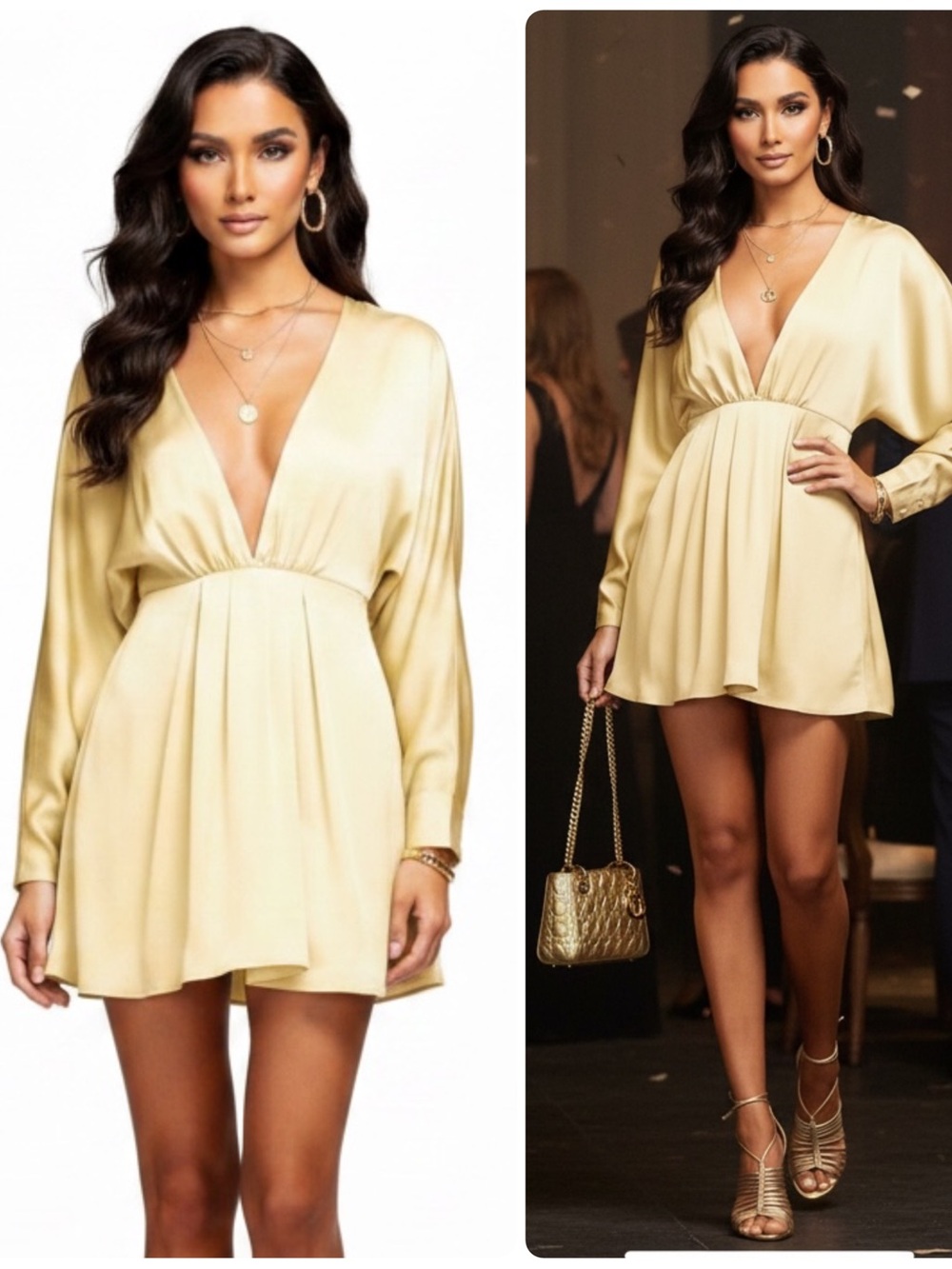 Ramy Brook Tanya Plunging V-Neck Luxury Satin Long Sleeve Mini Dress NWT $445